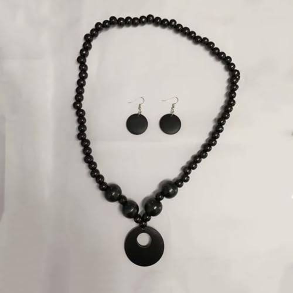 Black‎ Beaded Necklace and Disc Drop Earrings Jewelry Set Boho Chic Statement